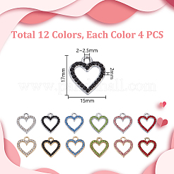 48色合金ラインストーンペンダント12個。  ハート  ミックスカラー  17x15x2mm  穴：2~2.5mm  4個/カラー&nbsp;FIND-GA0007-09