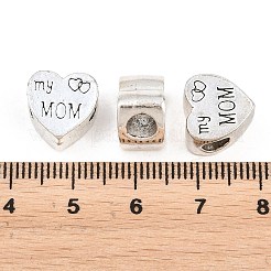 母の日用チベット風合金製ヨーロピアンビーズ  大穴ビーズ  ハートと「私の母」  アンティークシルバー  11.5x11.5x7.5mm  穴：4.5mm&nbsp;MPDL-F021-01AS