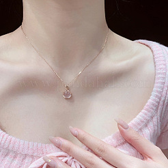 Flat Round Brass Pave Natural Rose Quartz Pendant Necklaces for Women&nbsp;WG46560-01