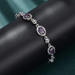オーバル真鍮マイクロパヴェキュービックジルコニアリンクチェーンブレスレット（女性用）  ラックめっき  長持ちメッキ  カドミウムフリー＆鉛フリー  プラチナ  7-1/4インチ（18.5cm）&nbsp;BJEW-D387-04P