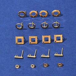 16個 4スタイル 304ステンレススチールスタッドピアス金具  カン付き  長方形  304ステンレススチール製イヤーナット16個付き  ゴールドカラー  10~14x2~14x2~14mm  穴：1~1.8mm  ピン：0.7~0.8mm&nbsp;STAS-FS0001-83G