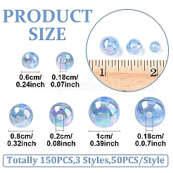 150個3スタイルの透明アクリルビーズ  ab色メッキ  ラウンド  コーンフラワーブルー  6~10mm  穴：1.8~2mm  50個/スタイル&nbsp;MACR-YW0003-96A