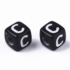 不透明なアクリルビーズ  水平穴  アルファベットスタイル  キューブ  ブラック＆ホワイト  文字.c  5x5x5mm  穴：2mm  約5000個/500g&nbsp;SACR-N002-01C-1