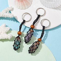 天然＆合成宝石ウィッシングボトルキーホルダー  ナイロンコードマクラメポーチストーンホルダー  鉄のスプリットキーホルダーとウッドビーズ付き  10.5cm&nbsp;KEYC-JKC00726