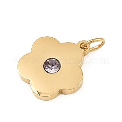 304ステンレススチールラインストーンペンダント  花のチャーム  丸カン付き  ゴールドカラー  13.5x12x2.5mm  穴：3mm&nbsp;LS-STAS-K307-04G