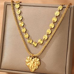 304ステンレススチール製ハートペンダントフラットスパンコールチェーンダブルレイヤーネックレス（女性用）  ゴールドカラー  16.93インチ（43cm）  18.11インチ（46cm）  2個/セット&nbsp;LS-NJEW-F343-03G