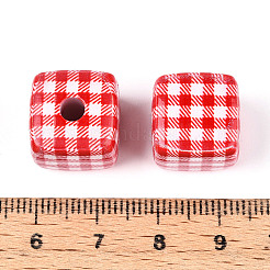 印刷された不透明なアクリルビーズ  チェック柄の立方体  ミックスカラー  14x14~14.5x14~14.5mm  穴：3.8mm&nbsp;MACR-N018-03