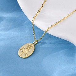 女性用スターリングシルバーの楕円形にバラの花が刻まれたペンダントネックレス925個  14KGP本金メッキ  16.26インチ（41.3cm）&nbsp;NJEW-D316-03G