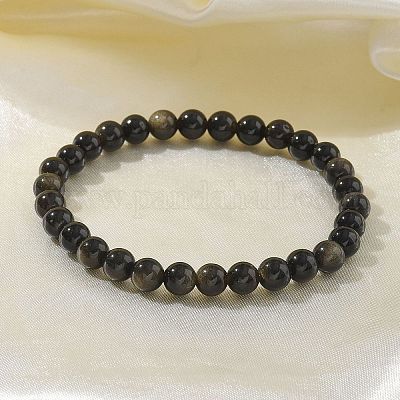 Natural Golden Sheen Obsidian Bead Stretch Bracelets&nbsp;BJEW-K212-A-020-1