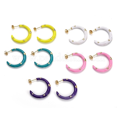 Brass Enamel Half Hoop Earrings&nbsp;EJEW-B004-03G-1