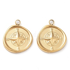 304 Stainless Steel Pendants, Compass Charm, Ion Plating(IP), Real 14K Gold Plated, 17.5x15x2.4mm, Hole: 2mm