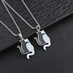 304 Stainless Steel Enamel Black and White Cat Shaped Pendant Box Chain Necklaces for Men&nbsp;WG4CCE4-01