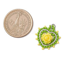 ガラスのシードビーズのハートとバラのペンダント  304ステンレススチールリンクリング付き  きいろ  23.5x22x7mm  穴：3.5mm&nbsp;PALLOY-MZ01030-02