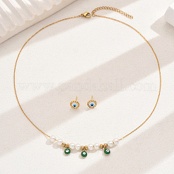 女性用エレガントなステンレススチール製イーブルアイスタッドピアス＆ネックレスセット  模造パールと  18KGP本金メッキ  ネックレス：15.75インチ（40cm）&nbsp;QD3943