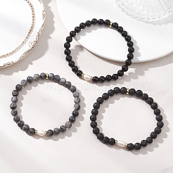 3Pcs Natural Larvikite & Lava Rock & Obsidian Round Beads Stretch Bracelets for Women&nbsp;BJEW-JB13057