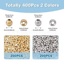 400個2色304ステンレススチールビーズ  ラウンド  本金メッキ&ステンレススチールカラー  2x2mm  穴：0.8mm  約200PCS /カラー&nbsp;STAS-TA0001-48
