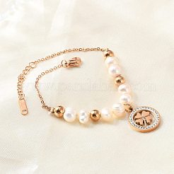 304ステンレススチール製クローバーチャームブレスレット女性用  ポリマークレイラインストーンと天然パールを使用  イオンプレーティング（ip）  ゴールドカラー  7.24インチ（18.4cm）&nbsp;BJEW-A036-26G