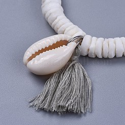 綿糸のタッセルチャームのブレスレット  シェルビーズとカウリーシェルビーズ  小袋のポーキングパウチドローストリングバッグ  ライトグレー  2インチ（5~5.1cm）&nbsp;BJEW-JB04385-01