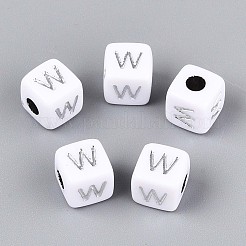 不透明なアクリルビーズ  文字付きのキューブ  シルバーライン入り  文字W  9~10x9~10x9~10mm  穴：4mm  約625個/500g&nbsp;SACR-T035-03W