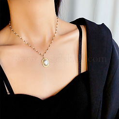 304 Stainless Steel Plastic Pearl White Oval Pendant Ball Link Chain Necklaces for Women&nbsp;WGC76B7-01