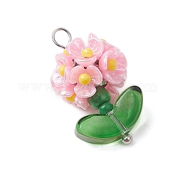 ガラスシードビーズの花のペンダント  樹脂と真鍮の金具付き  パールピンク  25x14x13mm  穴：3x2.5mm&nbsp;X1-PALLOY-MZ00521-05