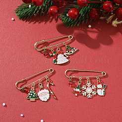 3Pcs 3 Style Christmas Tree & Santa Claus & Snowflake & Word Noel Enamel Safety Pin Brooches&nbsp;JEWB-TA00013
