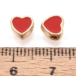 真鍮製エナメルビーズ  ハート  18KGP本金メッキ  レッド  6.5x6.5x3.5mm  穴：1.6mm&nbsp;KK-A277-13G