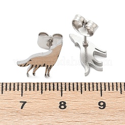 変色しないウルフ 304 ステンレススチール製スタッドピアス（女性用）  ステンレス鋼色  11x11mm  ピン：0.7mm&nbsp;EJEW-Z017-13P