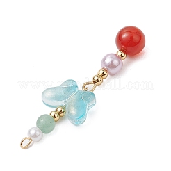 天然カーネリアンとガラスのペンダント  蝶  金色の真鍮トーンループ付き  ライトシアン  47x14.5x8mm  穴：1.6mm&nbsp;PALLOY-JF03192-05