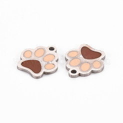 304ステンレススチールエナメルチャーム  ステンレス鋼色  犬の足跡  サドルブラウン  13x12x1mm  穴：1.5mm&nbsp;STAS-Q242-036C