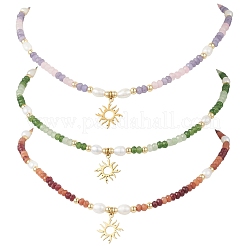 201 Stainless Steel Sun Pendant Dyed Faceted Rondelle Natural Malaysia Jade & Natural Pearl Beaded Necklaces&nbsp;NJEW-JN05814