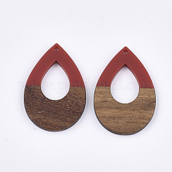 樹脂＆ウォールナットウッドペンダント  ティアドロップ  レッド  38x25.5x3mm  穴：2mm&nbsp;RESI-S358-94A