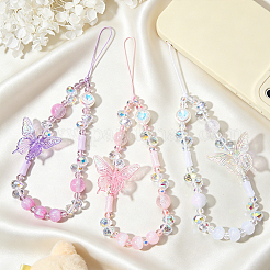 アクリル携帯ストラップ1個  ガラスビーズ  蝶  ピンク  180~185mm&nbsp;HJEW-SZ0001-55C