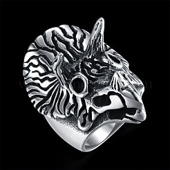 メンズステンレススチールフィンガー指輪  ワイドバンドリング  トリケラトプス  サイズ9  アンティークシルバー  18.9mm&nbsp;RJEW-BB29840-9