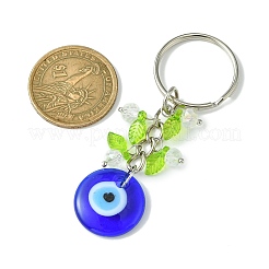 ナザールボンジュウランプワークペンダントキーホルダー付きフラットラウンド  アクリル製リーフチャームと鉄製スプリットリング付き  ブルー  7.4cm&nbsp;KEYC-JKC00647