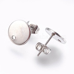変色しない304ステンレススチールスタッドピアス金具  平板付  フラットラウンド  ステンレス鋼色  10x1mm  12mm  ピン：0.8mm&nbsp;STAS-G178-01P-10mm
