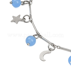 201 Stainless Steel Moon Star & Natural Dyed Malaysia Jade Round Charm Brass Bar Link Chain Anklets&nbsp;AJEW-AN00732-02