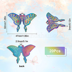 20個の合金ペンダント  カドミウムフリー＆ニッケルフリー＆鉛フリー  蝶  虹色  32x47x3mm  穴：2.5mm&nbsp;FIND-SC0004-20