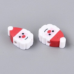 クリスマステーマ手作りポリマークレイビーズ  サンタクロースのフラットラウンド  レッド  10x8x4mm  穴：1.4mm&nbsp;CLAY-M005-11