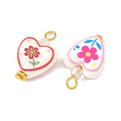 プリントされた手作りの磁器とガラスのペンダント  合金と鉄のパーツと  花のチャーム付きハート  ゴールドカラー  ミックスカラー  24x15x7mm  穴：3mm&nbsp;PALLOY-JF06053