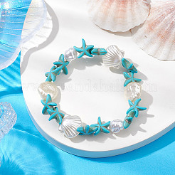 Synthetic Turquoise & ABS Plastic Imitation Pearl Beaded Stretch Bracelets&nbsp;BJEW-JB10567