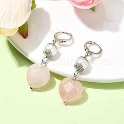 天然ローズクォーツハートシェルパールダングルフレンチフックピアス  プラチナ  48x15mm&nbsp;EJEW-TA00331