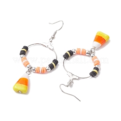 ハロウィン キャンディ コーン ハンドメイド ランプワーク & ポリマー クレイ ダングル イヤリング (女性用)  真鍮製のピアスフック付き  カラフル  67x29.5mm&nbsp;EJEW-JE05893-01