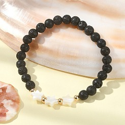 天然溶岩のラウンド ビーズ ブレスレット  シェルと  女性のための  スター  1/8~3/8インチ（0.4~0.85cm）  内径：2インチ（5cm）&nbsp;BJEW-JB09877-01