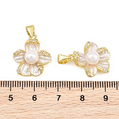 真鍮マイクロパヴェクリアキュービックジルコニアペンダント  エナメル & ABS プラスチック模造パール付き  花のチャーム  ラックめっき  長持ちメッキ  鉛フリー＆カドミウムフリー  ゴールドカラー  18x16x7mm  穴：5x3.5mm&nbsp;KK-CBA6A75-53B-G