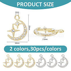 60個2スタイルアロイラインストーンペンダント  ムーン  プラチナ·ゴールデン  20x15.5~16x2.5mm  穴：2mm  30個/スタイル&nbsp;FIND-FH0010-84