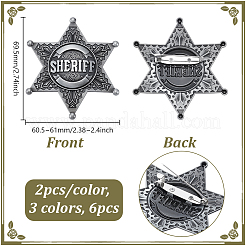 6個 3色 ダビデの星と文字「Sheriff」合金ラペルピン バックパック 服用  ミックスカラー  69.5x60.5mm&nbsp;JEWB-HY0001-52