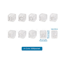 透明アクリルエナメルビーズ  白い文字の立方体  7x7x7mm  穴：3.8mm  1000個/セット&nbsp;TACR-TA0001-14