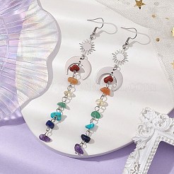 天然ミックスストーンと合成ターコイズのダングルイヤリング  304ステンレススチールピアスフック付き  太陽と月  カラフル  115x19mm&nbsp;EJEW-JE06051-02
