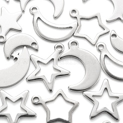 60個10スタイル304ステンレススチールペンダント  月＆星  ステンレス鋼色  6~17x6~12.5x0.7~1mm  穴：0.5~1.4mm  6個/スタイル&nbsp;STAS-FS0001-14P